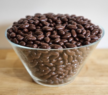 A bowl of chocolate-covered almonds.